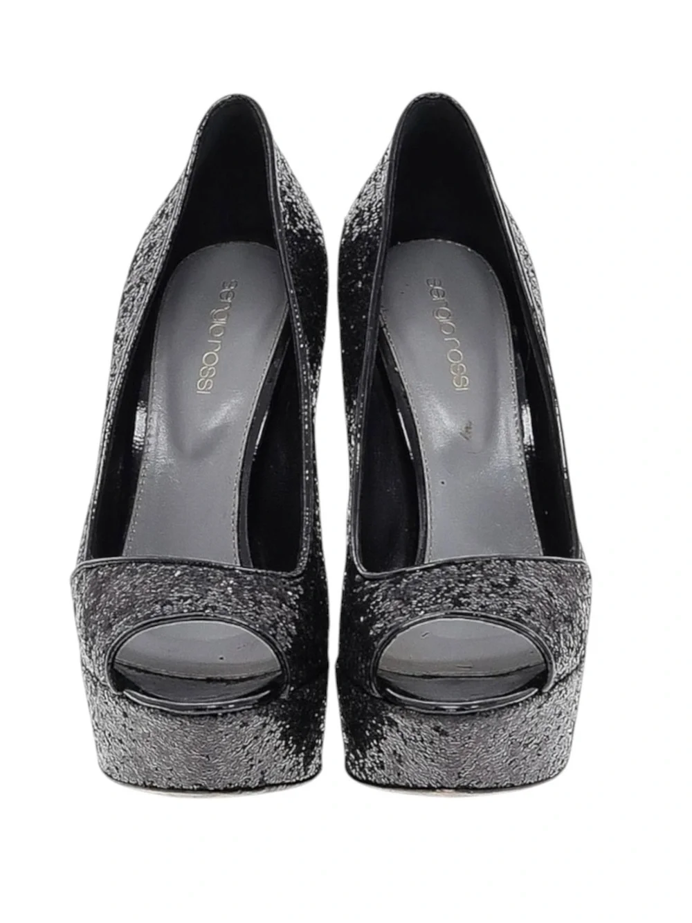 Sergio Rossi 𒀭Boston Glitter Peep Toe Platform Sky High Stiletto Pumps 𒀭Black 38